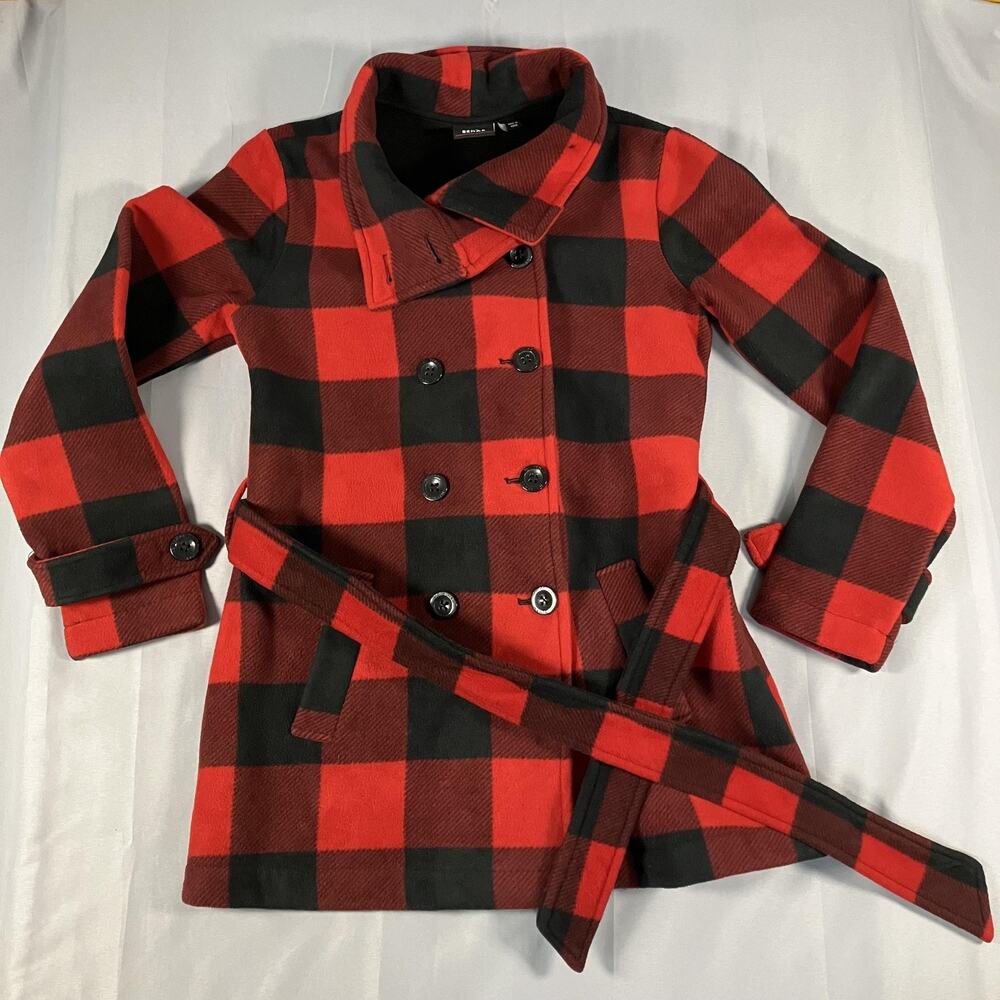 Ike Behar Jacket Womens Small Red Black Buffalo Plaid Belted Peacoat Fleece‎
